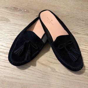 Kate Spade Black Suede Tassel Backless Loafers